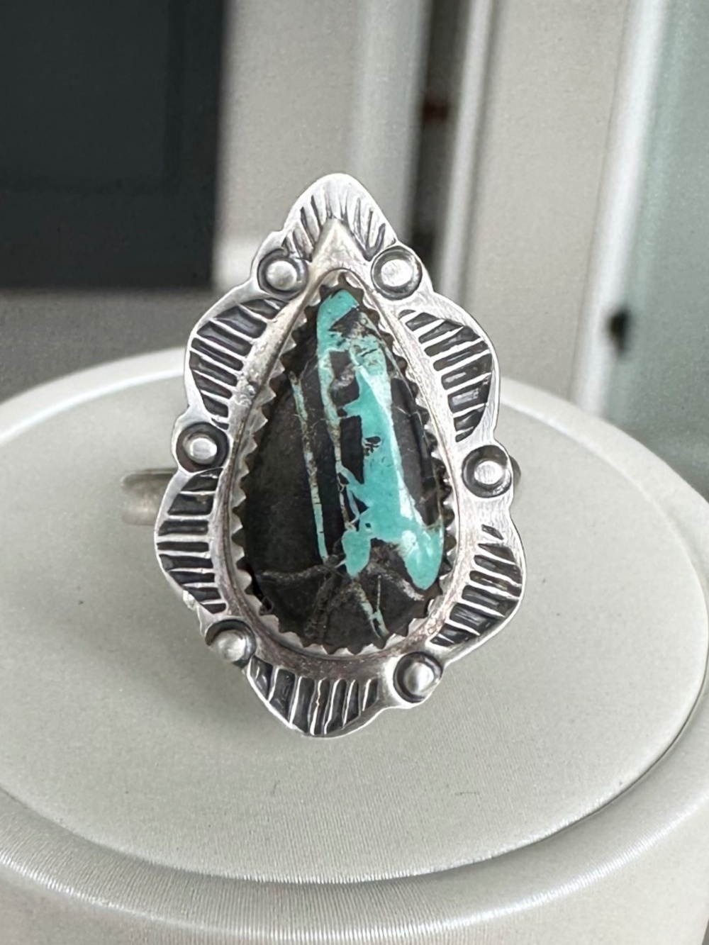 Rare Nevada Blackjack Turquoise 925 Silver Stampwork Ring Sz 9